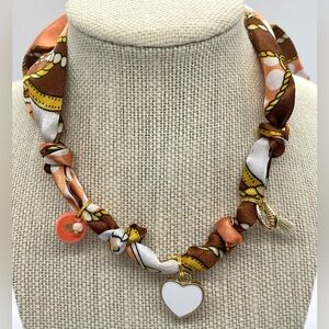 Brown Orange Mid Pattern Satin Scarf Necklace w/ Gold Charms Preppy Festival